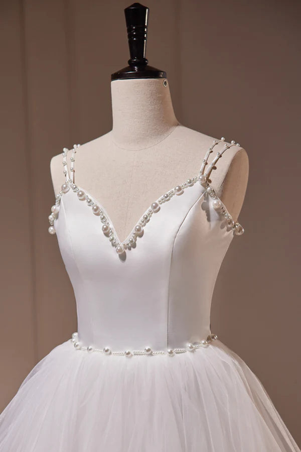 Wholesale White V-Neck Tulle Long Prom Dress A-Line Evening Dress with Train
